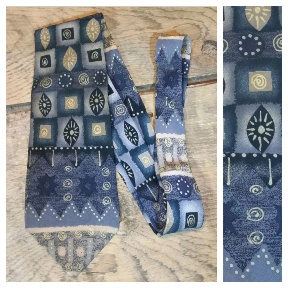 London Fog Silk Tie Necktie Blue Gray Gold Taupe